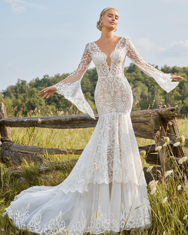 Lp2211 backless boho wedding dress with bell sleeves and mermaid silhouette3